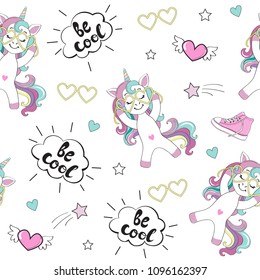A cute unicorn with glasses and an inscription be cool seamless pattern