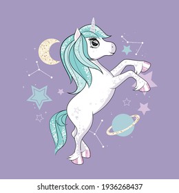 Cute unicorn with glittering and rainbow hair over purple background with stars.