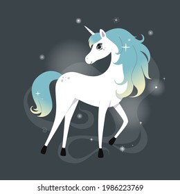 Cute unicorn with glittering and rainbow hair over dark background with stars. Vector.