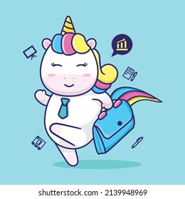 cute unicorn goes to work, suitable for children's books, birthday cards, valentine's day, stickers, book covers, greeting cards, printing.