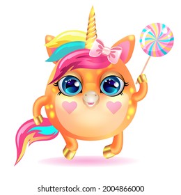 Cute Einhorn mit goldenem Horn und Lollipop geht zur Party. Vektorbild einzeln auf weißem Hintergrund.