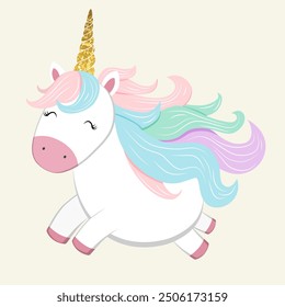 Cute unicorn with golden horn in pastel colors. Unicorn sticker. Gentle childish illustration
