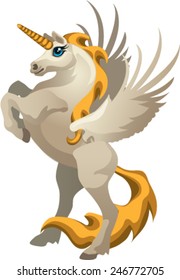 Cute unicorn with golden mane isolated on white background. Graceful mythical animal. Sample of the poster, invitation and other cards. Vector illustration.
