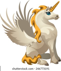 Cute unicorn with golden mane isolated on white background. Graceful mythical animal. Sample of the poster, invitation and other cards. Vector illustration.
