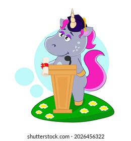 A cute unicorn in a graduate cap with a diploma at the podium. Cartoon vector illustration for children