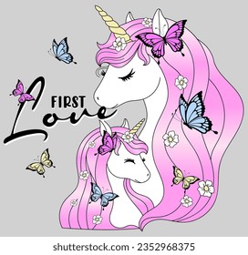 cute unicorn graphic with flying butterflies	