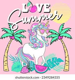 cute unicorn graphic with palm trees