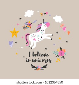 Cute unicorn greeting card. Magical unicorn vector poster.