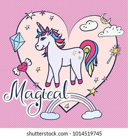 Cute unicorn greeting card. Magical unicorn vector poster
