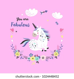 Cute unicorn greeting card. Magical unicorn vector poster.