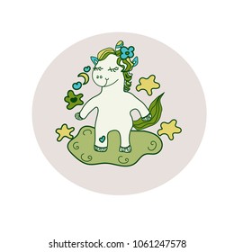 Cute unicorn greeting card. Magical unicorn vector poster. Sticker for baby room