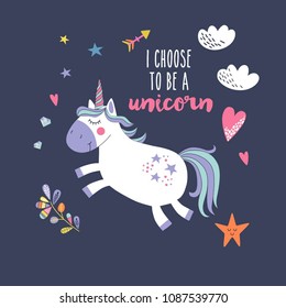 Cute unicorn greeting card. Magical unicorn vector poster.