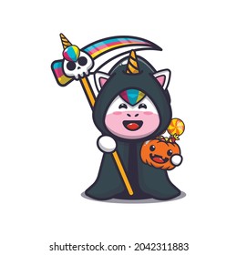 cute unicorn grim reaper holding halloween pumpkin