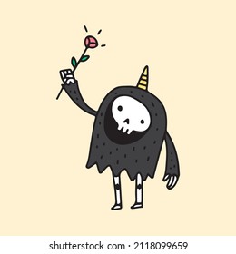 Cute Unicorn Grim Reaper Skull with flowers, illustration for t-shirt, poster, sticker, or apparel merchandise. With cartoon style.