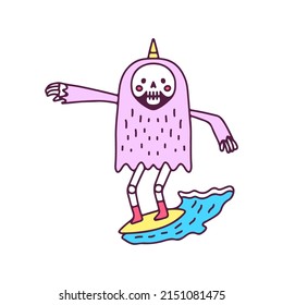 Cute Unicorn Grim Reaper Surfing. Illustration For T-shirt, Sticker, Or Apparel Merchandise. With Doodle, Retro, And Cartoon Style.