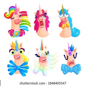 Cute unicorn grimaces cartoon vector illustrations set