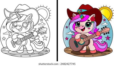 Cute unicorn with guitar wearing a cowboy hat. Coloring page. Vector illustration.