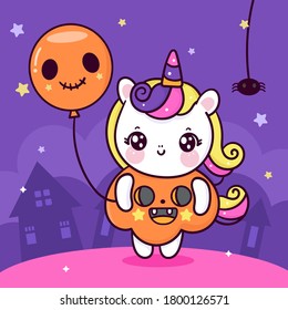 Cute unicorn Halloween cartoon wear pumpkin fancy dress holding ghost balloon. Trick or treat for holiday: Doodle Nursery decoration, hand drawn Kawaii character.Perfect for child greeting card,Print.