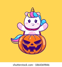 Cute Unicorn With Halloween Pumpkin Cartoon Vector Icon Illustration. Animal Holiday Icon Concept Isolated Premium Vector. Flat Cartoon Style