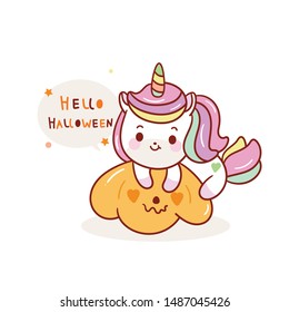 Cute unicorn Halloween vector, jack o lantern icons Pumpkin artwork, Kawaii animal pony cartoon, Doodle style Nursery decor: Illustration of fairytale horse- Magic for kid's greeting card,t-shirt