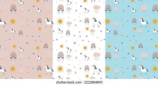 Cute unicorn hand drawing pattern. Repetitive, seamless wallpaper on pink blue pink background. Rainbow for fabric, wallpaper, wrapping paper or nursery decor. Stars sun clouds happiness nursery decor