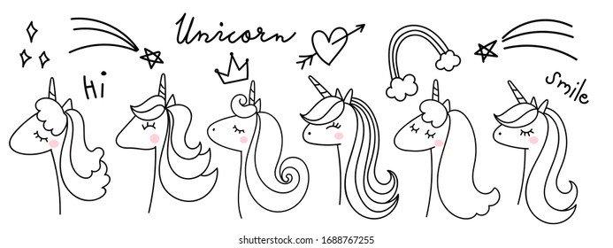 Cute unicornio, vector de diseño de doodle dibujado a mano.