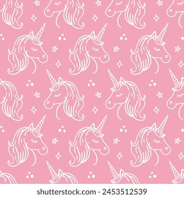 Lindo Unicornio Dibujado A Mano Doodle Patrón Sin Costura. Textura de fondo de color rosa mágico para niños textil de moda, tarjeta de felicitación de cumpleaños, decoración de la guardería, diseño de la ducha del bebé, papel de envoltura.