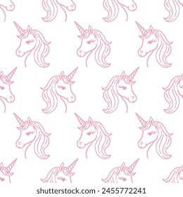 Cute Unicorn Hand Drawn Doodle Seamless Pattern. Magical background texture for kids fashion textile, birthday greeting card, nursery decor, baby shower design, wrapping paper.