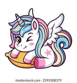 A cute unicorn. A hand drawn pony with pillow isolated on white background. It can be used for printing, textiles, web design. Vector illustration