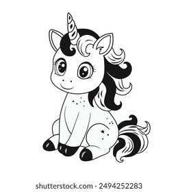 A cute unicorn. A hand-drawn monochrome pony with a horn. The magic horse. It can be used for printing, textiles, web design. Vector illustration