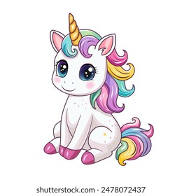 Ein süßes Einhorn. Ein handgezeichnetes Pony mit einem goldenen Horn isoliert auf einem weißen Hintergrund. Es kann für Druck, Textilien, Webdesign verwendet werden. Vektorillustration