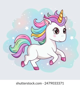 A cute unicorn. A hand-drawn pony with a golden horn. The magic horse. It can be used for printing, textiles, web design. Vector illustration
