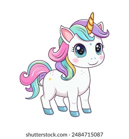 Ein süßes Einhorn. Ein handgezeichnetes Pony mit einem goldenen Horn isoliert auf einem weißen Hintergrund. Es kann für Druck, Textilien, Webdesign verwendet werden. Vektorillustration