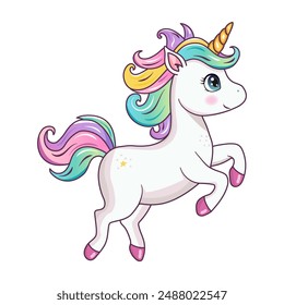 A cute unicorn. A hand-drawn pony with a golden horn isolated on a white background. The magic horse. Vector illustration. It can be used for printing, textiles, web design.