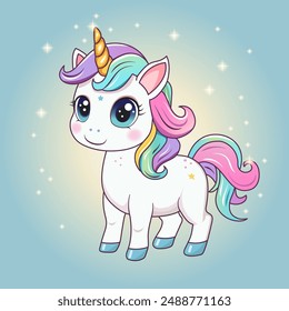 A cute unicorn. A hand-drawn pony with a golden horn. The magic horse. It can be used for printing, textiles, web design. Vector illustration
