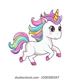 A cute unicorn. A hand-drawn pony with a golden horn isolated on a white background. It can be used for printing, textiles, web design. Vector illustration
