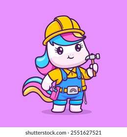 Cute Unicorn Handyman Holding Hammer Cartoon Vector 
Icon Illustration. Animal Profession Icon Concept Isolated 
Premium Vector. Flat Cartoon Style