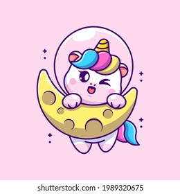 Cute unicorn hanging on the moon cartoon