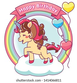 Cute unicorn happy birthday with balloons