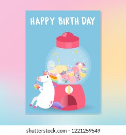 Cute unicorn happy birthday card vector
