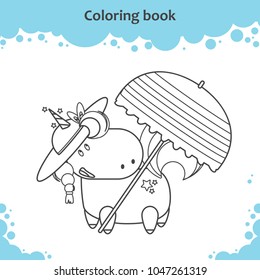 Cute unicorn in hat under parasol on a beach. Coloring page for kids.
