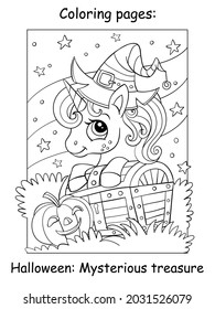 Cute unicorn in hat of witch peeks out from behind a treasure chest. Halloween concept. Coloring book page for children. Vector cartoon illustration. For coloring, education, print, game, design