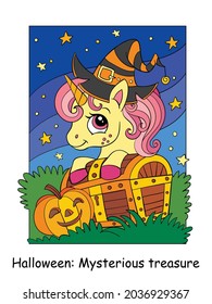 Cute unicorn in hat of witch peeks out from behind a treasure chest. Halloween concept. Vector cartoon illustration. For education, print, game, decor, puzzle, design, sticker