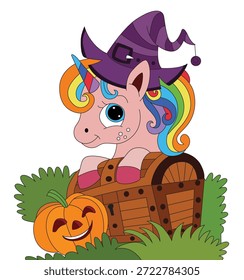 Lindo unicornio en sombrero de bruja se asoma por detrás de un cofre del tesoro