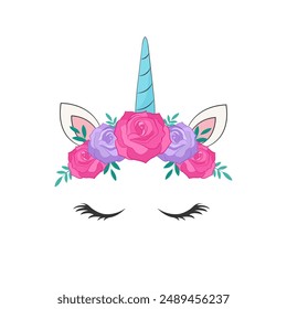 Cute unicorn head with beautiful flowers crown. Vector illustration