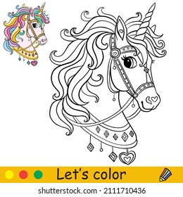 Cute unicorn head with bridle. Coloring book page with color template. Vector cartoon illustration. For kids coloring, card, print, design, decor and puzzle.