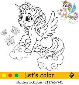 Cute unicorn head with bridle. Coloring book page with color template. Vector cartoon illustration. For kids coloring, card, print, design, decor and puzzle.