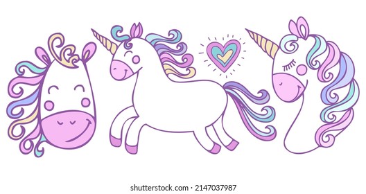 Cute unicorn and unicorn head with colorful mane.Cartoon style vector illustration isolated on white background.
Suitable for nursery and post card design and svg for cricut svg