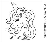 Cute Unicorn Head Coloring Page. Magical Unicorn Illustration For Children. Vector Illustration Of A Beautiful Cartoon Unicorn Character. 