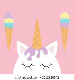 Cute unicorn head face. Ice cream set. Wafer cone horn. Flat lay design. Pastel color. Cute cartoon kawaii baby character. Funny white horse. Happy Valentines Day. Love card. Pink background. Vector